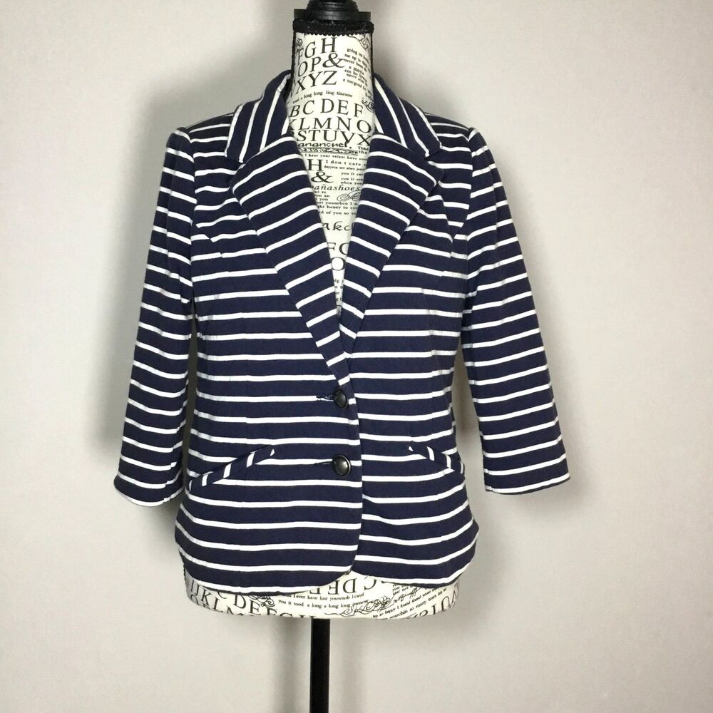 Express stretchy black white striped blazer nautical coastal 109% cotton lined M